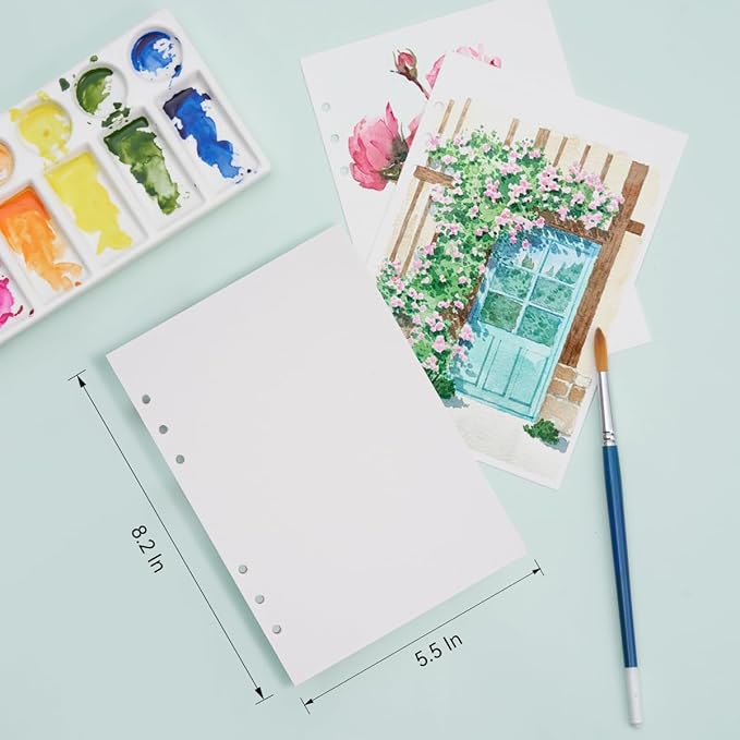 LIGHTWISH Watercolor Paper Bulk, 100% Cotton Hot Press 300gsm/140lb, 2 Pack, Total 40 Sheets A5 Hole-Punched Interchangeable Paper for Artists, Adults,Students,5.8 * 8.2 Inches