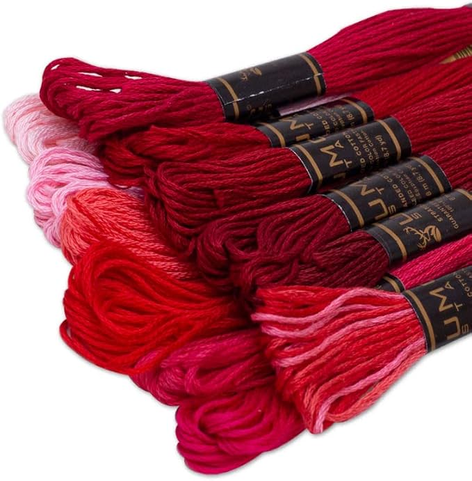 12 Pieces | Premium Embroidery Thread | 100% Egyptian Cotton Premium Skeins | Cross Stitch Embroidery Floss | Oeko TEX Certified Stranded Cotton (Red Tones)
