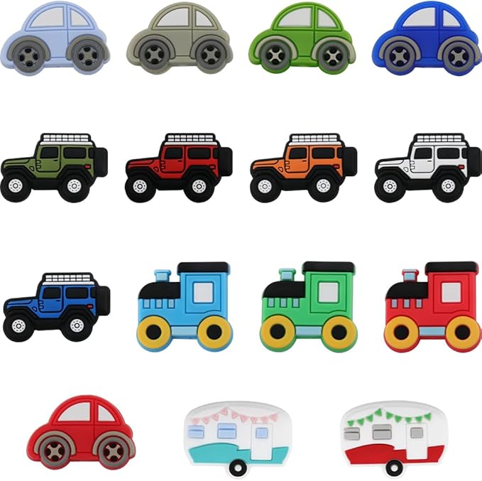 SUNNYCLUE 1 Box 15PCS Car Silicone Beads Cute Focal Rubber Beads Large 3D Cartoon Bus Rubber Soft Charms Center Drilled Chunky Loose Spacer Beads for Beading Pens Keychain Making Kit Bracelet Crafts