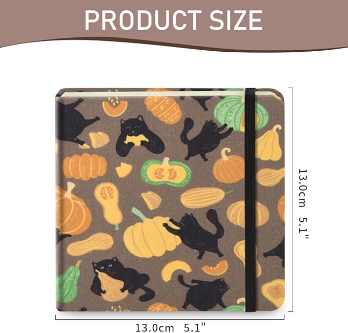 Mifuner Small Square 5x5 80gsm Mini Notebooks Blank Pages Sketchbooks Travel Journal Pocket Hardcover Paint Writing Notebook Blank Diary Memo Planner Sketchbook Fabric Cover, Pumpkin Cat