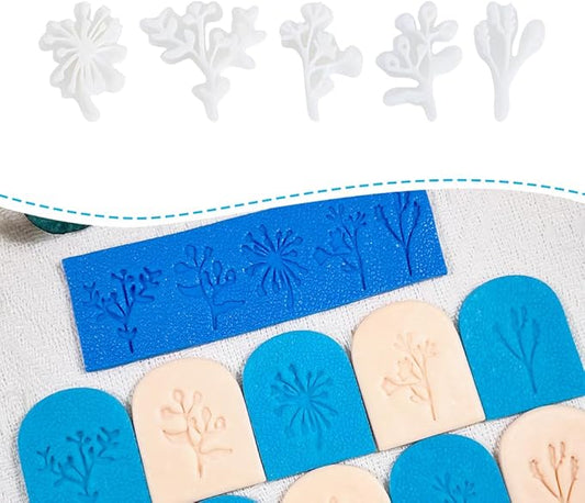 Xaekicr Polymer Clay Molds – 5PCS Botanical Texture Stamps with Flower & Leaf Patterns, Clay Cutters and Tools for Polymer Clay Jewelry and DIY Earring Crafts