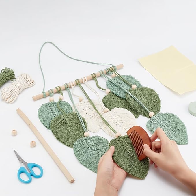 FREEBLOSS 2 Set DIY Macrame Leaf Wall Hanging Beginners Macrame Kit Leaf Woven Tapestry Feather Wall Hanging DIY Macrame Kit for Adults Birthday Gift