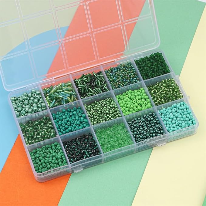 Mix 15 Color Glass Seed Tube Beads Glass Bugle Beads Loose Kit for Jewelry Making DIY Craft Beading (Mix 15 Color, Green)