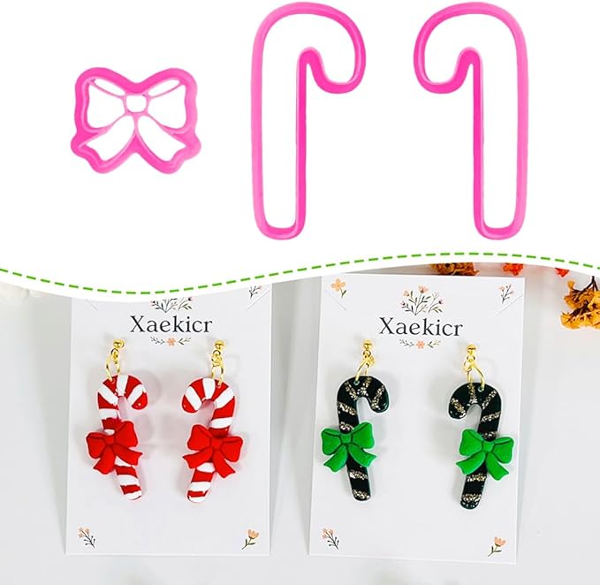Xaekicr Christmas Candy Cane Polymer Clay Cutters – 3pcs Holiday Clay Earring Cutters Set for DIY Jewelry Making, Cute Bow and Candy Shapes, Clay Tools and Polymer Clay Molds
