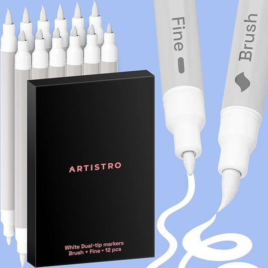 ARTISTRO 12 White Acrylic Paint Markers - Paint Pens for Drawing, Brush + Fine Tips - For Fabric, Rock, Glass, Wood, DIY, Eggs - Art & Craft Supplies for Adults, Teens, Kids - Easter Basket Stuffers