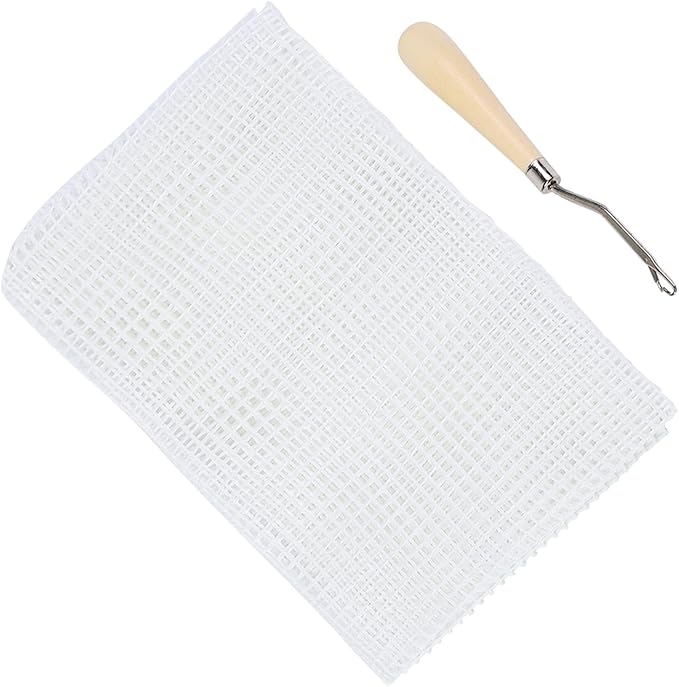 Blank Rug Hooking Mesh, Wooden Handle Crochet Mesh Fabric, Household DIY Hand Made Crocheting Carpet Rug Knitting Mesh Cloth Accessory Tools for DIY (Mesh Cloth 50cm + Wooden Handle Crochet Hook)