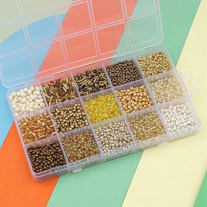 Mix 15 Color Glass Seed Tube Beads Glass Bugle Beads Loose Kit for Jewelry Making DIY Craft Beading (Mix 15 Color, Gold)