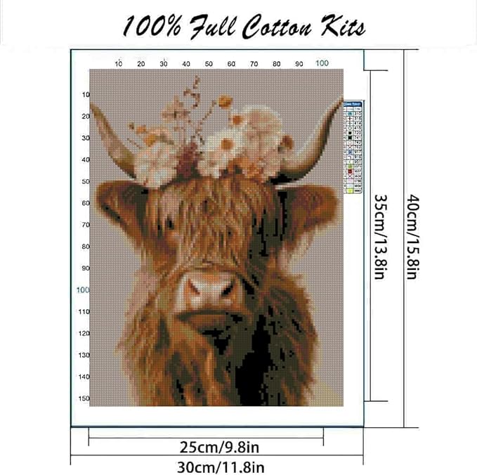 Stamped Cross Stitch Kits for Adults Beginners, Cow Flowers Easy DIY Counted Cross Stitch Kit Printed Patterns Dimensions Needlepoint Art Crafts Embroidery Kits for Home Wall Decor 15.7x11.8 inches