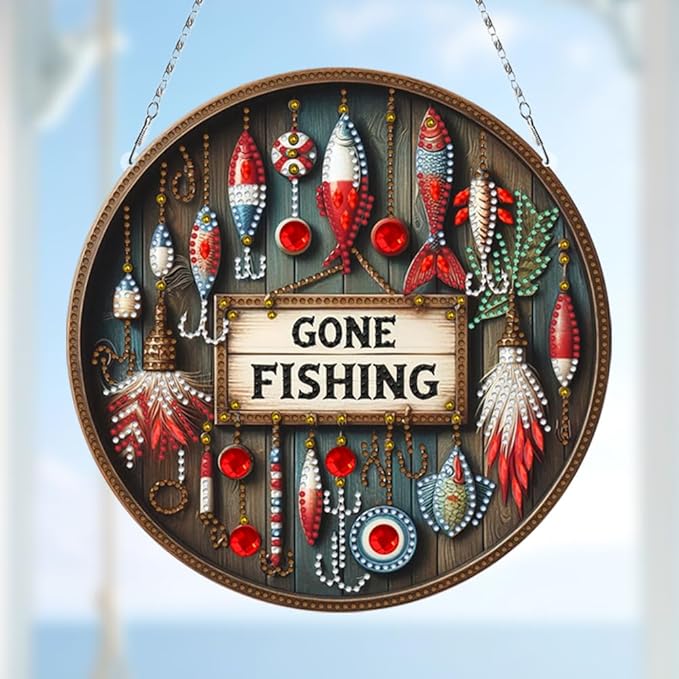 POETRYDRAW DIY Hanging Diamond Art Pendant Kit Outdoor Fishing, Special Crystal Diamonds Painting Ornament for Adults, 5D Diamond Art Suncatchers Double Sided Board Gem Painting Box Kit