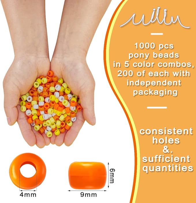 MIIIM 1000PCS 6x9mm Pony Beads Bulk, 5 Styles Yellow Pony Beads for Bracelets Making Kit, Kandi, Hair Braids Crafts for Jewelry Making (Yellow)
