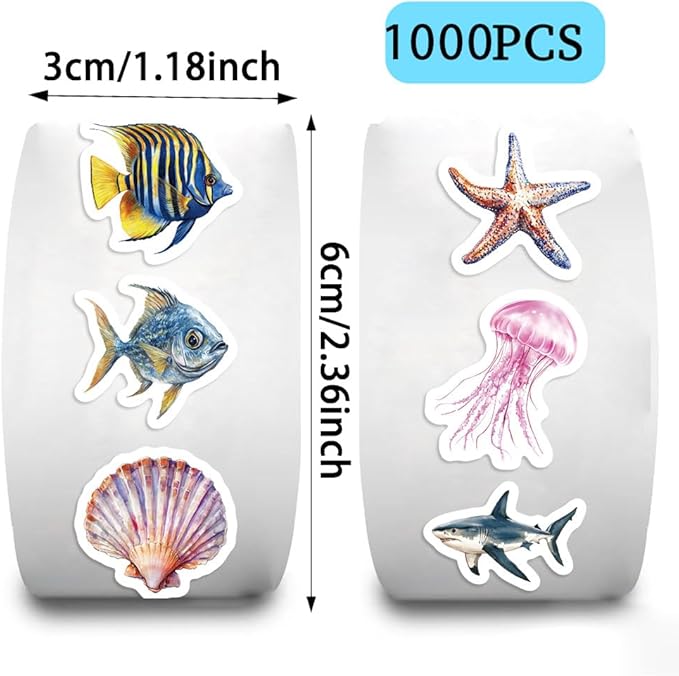 1000pcs ocean animal stickers roll, 2 rolls, 10 styles cartoon sea creature stickers, whales, octopus, sharks, jellyfish, clownfish, shells & fish decals for classroom rewards