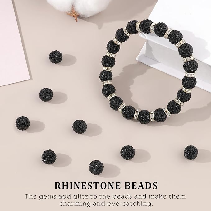 120pcs 10mm rhinestone beads for jewelry making, black shiny round shamballa disco ball beads bulk, sparkle crystal clay christmas for bracelet baseball necklace earring crafting and diy