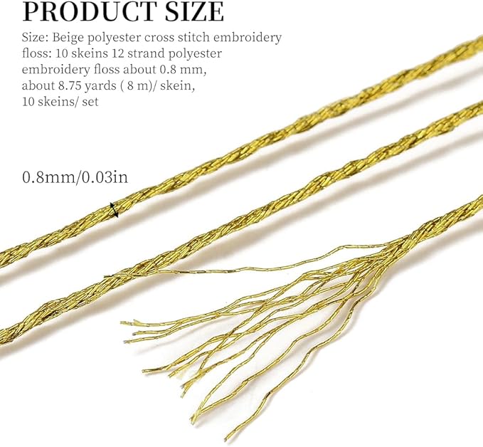 10 Skeins Yellow Gold Polyester Cross Stitch Thread Metallic Glitter Embroidery Floss Golden Silver Shimmer Crewel Polyester Floss Bulk for Sewing Making Home Decoration Friendship Bracelet