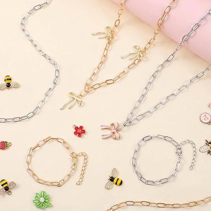 Oqqlin 32 Pcs Charm Necklace Bracelets Kit, Gold Silver Paperclip Chains Zinc Alloy 18 Inch Necklace 6.5 Inch Bracelet with Lobster Clasp for DIY Jewelry Making, Gifts