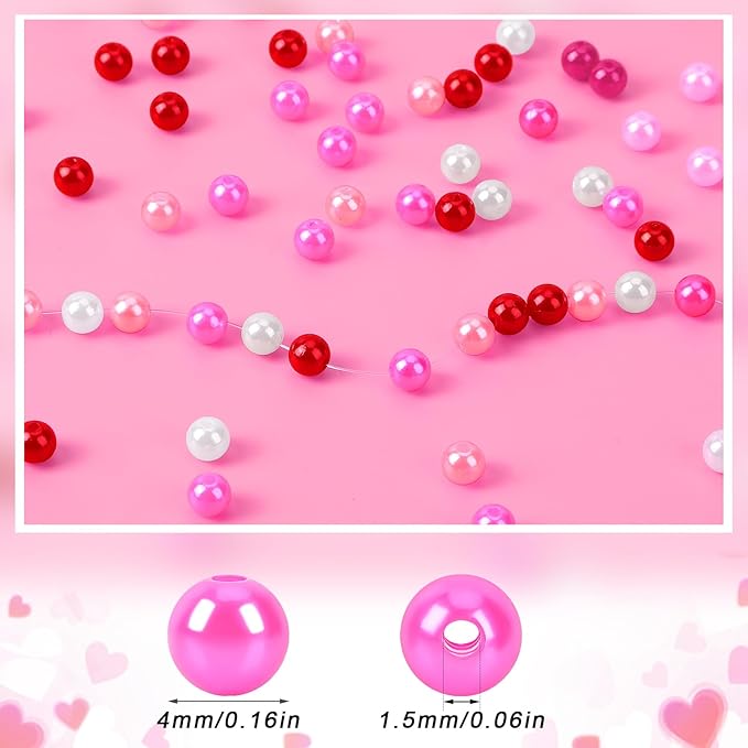 UPINS 1200Pcs Valentine's Day Pearl Beads,4 mm Red Pink White Pearl Beads for Jewelry Making Wedding Party Decoration Necklace Bracelets Earrings DIY Crafts Supplies