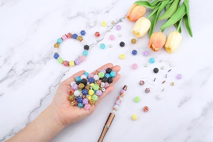 LAIDANLA Mixed 10 Colors 250pcs 12mm Rhinestone Beads and 8mm Rondelle Spacer Beads for Beaded Pens, Shiny Shamballa Disco Ball Bead for Pens DIY Jewelry Making Bracelet Necklace Earring