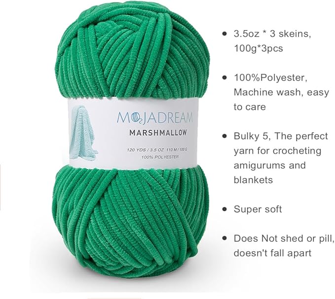 Marshmallow Yarn 3PCS 3.5oz Soft Chenille Yarn for Amigurumi Baby Blanket Yarn: No Shedding Soft Easy to Knitting and Crocheting Bulky 5# Yarn 3 Skeins of 100g (Leprechaun Color)