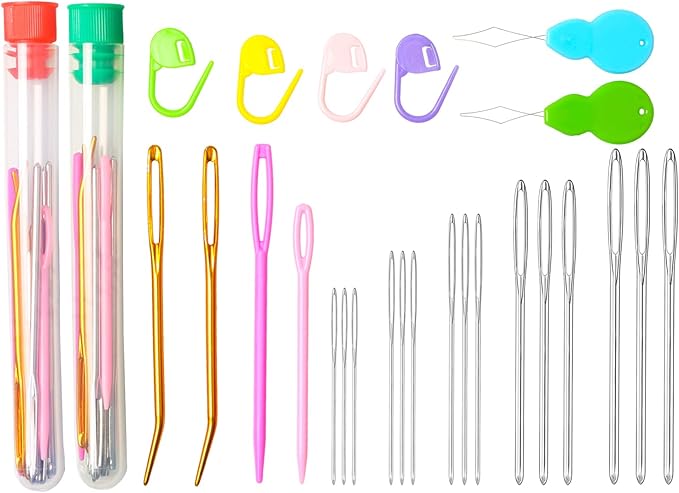 Hekisn 45Pcs Large Eye Blunt Yarn Needles kit, Assorted Sizes Bent Tapestry Darning Needle, Sewing Needles with Needle Threaders & Stitch Markers for Knitting Crochet (Green&Red)