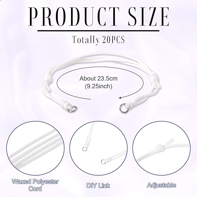 KISSITTY 20pcs Adjustable Bracelet Cords for Connector Charms Waxed Polyester Thread Cord Simple Color Half Finished Bracelet for Friendship Bracelets Jewelry Making