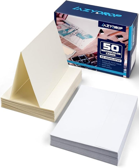 Watercolor Cards and Envelopes Set - 50 Folded 5x7 Inch Blank Heavyweight Paper Cards (140lb/300gsm) with Matching Envelopes for DIY Greeting Cards, Festivals, and Events