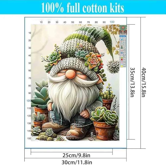 Stamped Cross Stitch Kits for Adults - Gnome Succulent Embroidery Kits for Beginners Adults,11 CT Patterns Dimensions Counted Cross Stitch Kits for Adults Arts Craft 12x16 inch