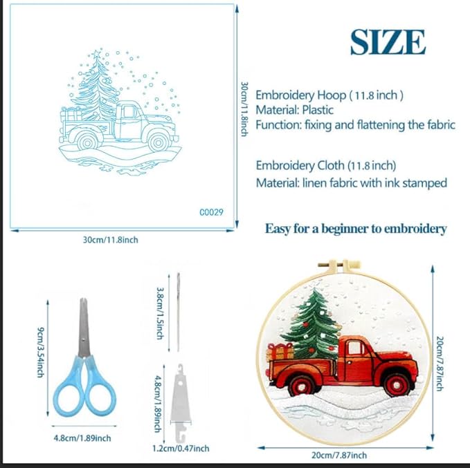 Zhenqing Christmas Tree & Red Truck Embroidery Kit - 29x29cm Printed Fabric, Hoop & Tools for Beginners (C0029)