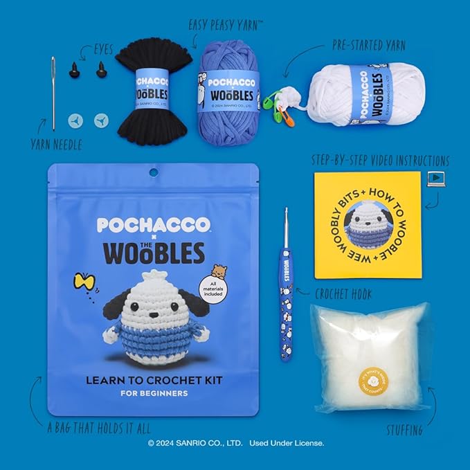 The Woobles Hello Kitty Crochet Kit - Beginners Wooble Crochet Animal Kit Crafts with Easy Peasy Yarn as seen on Shark Tank - with Step-by-Step Video Tutorials (Pochacco)