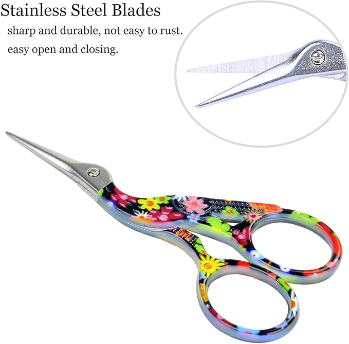 BIHRTC 3.6inch Little Cross Stitch Scissors with Leather Cover Stainless Steel Crane Design Embroidery Scissors Tailor for Sewing Crafting Art Work Threading Needlework