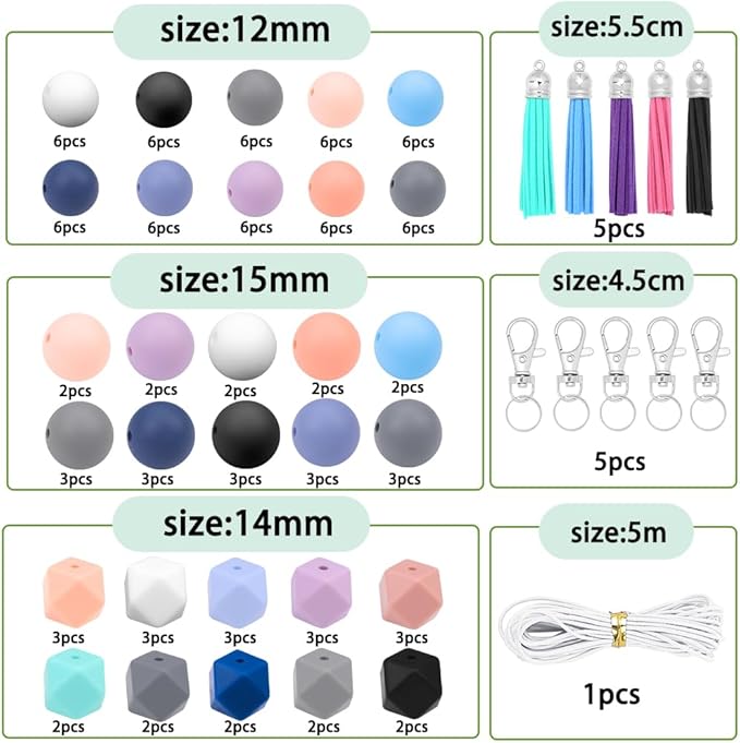 121 PCS Silicone Beads for Keychain Making Kit,12mm 15mm Round 14mm Polygonal Rubber Beads Multicolor Bulk Silicone Loose Beads for DIY Necklace Bracelet Jewelry Making Supplies