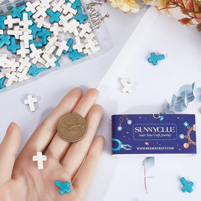 SUNNYCLUE 1 Box 100Pcs Cross Beads Bulk White Blue Synthetic Turquoise Stone Beads Easter Holiday Pocket Crosses 16x12mm Mini Small Loose Spacer Cross Beads for Jewelry Making DIY Beading Supplies