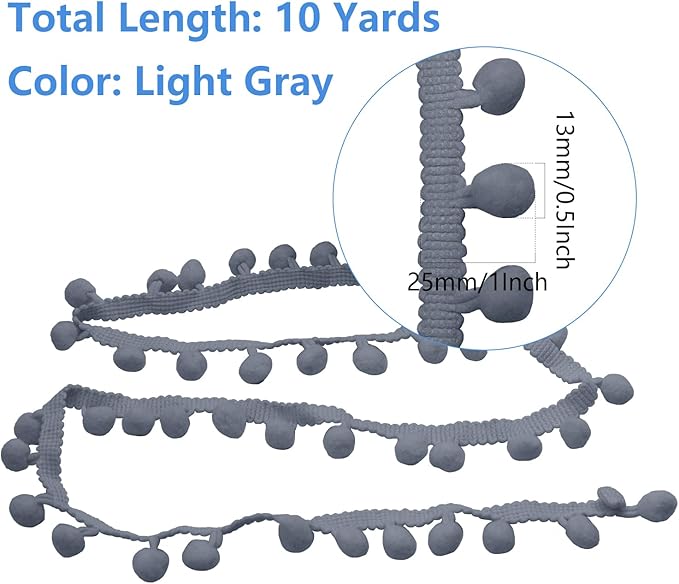 Homiest 10 Yards Pom Pom Trim for Sewing, 1 Inch Wide Light Gray Ribbon Bundles Textured Fabric Fringe Ribbon, 13mm Ball Pompom Trim for DIY Crafts Curtain Clothes Pillow Home Decoration