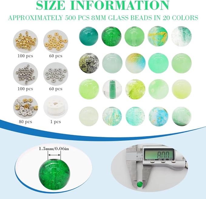 DIPSEOI 8mm Glass Beads for Bracelet Kit - 900 Pcs Jewelry Making Kits Bead DIY with Spacer Charms (Green Series)