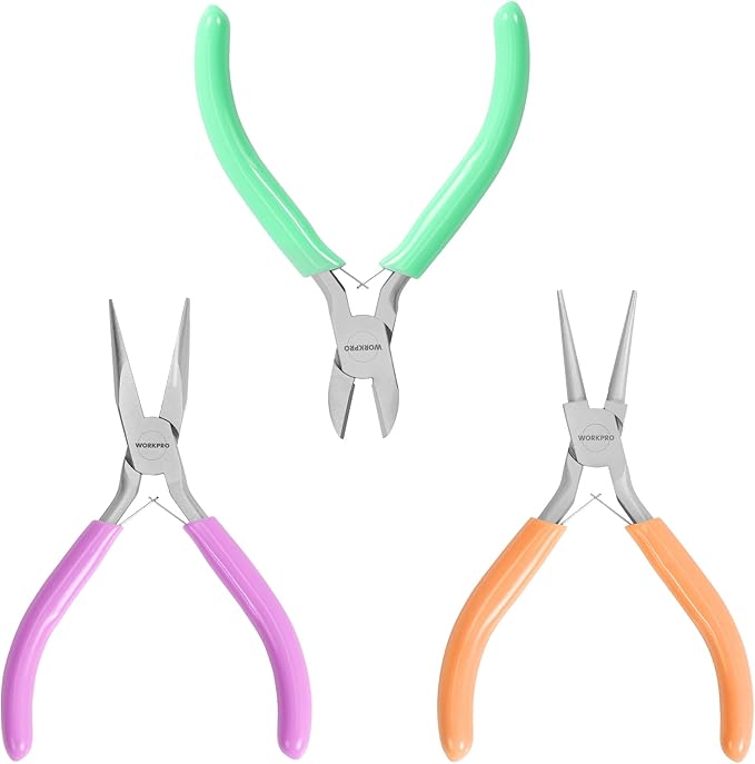WORKPRO Jewelry Pliers Set, 3-Piece Mini Jewelry Tool Kit—Purple Needle Nose Plier/Chain Nose Plier, Orange Round Nose Pliers & Green Wire Cutter for Jewelry Making, Beading & Wire Wrapping