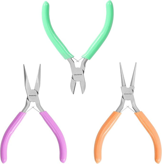WORKPRO Jewelry Pliers Set, 3-Piece Mini Jewelry Tool Kit—Purple Needle Nose Plier/Chain Nose Plier, Orange Round Nose Pliers & Green Wire Cutter for Jewelry Making, Beading & Wire Wrapping