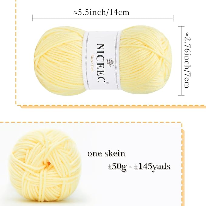NICEEC 300g Soft Assorted Colors Yarn - Sport Weight,100% Acrylic, 4 Ply, Bonbons Yarn for Crochet & Knit, DIY Project Starter Kit for Kids or Adults(Total 870yds) - Yellow