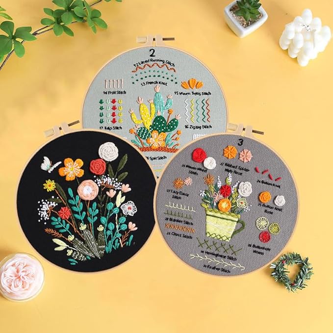 konrisa embroidery kits for adult beginners, stamped embroidery starter kit with flower pattern, diy sewing needlepoint kits, cross stitch practice kit,3 pcs embroidery pattern, include 1pcs hoop