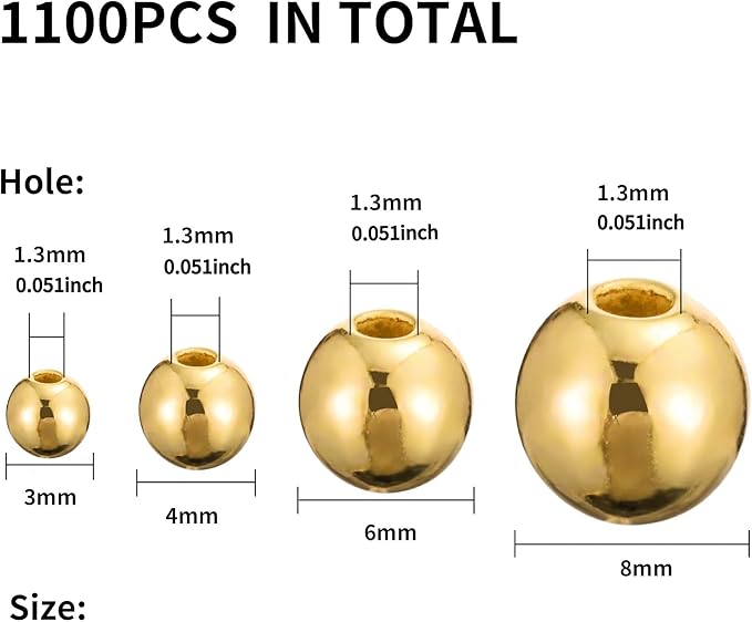 1100 Pcs Smooth Round Beads - 3/4/6/8mm Gold Spacer Loose Ball Bead Kits for Bracelet Jewelry Making