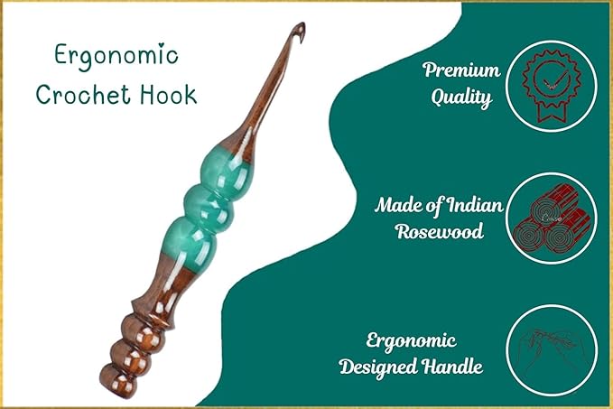 Wooden Crochet Hooks Set for Arthritic Hands | Ergonomic Soft Grip - Resin Mix Indian Rosewood Crochet Hook Set for Crocheting & Knitting (Green, Set of 13)