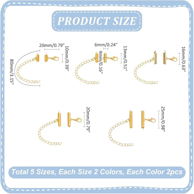 PH PandaHall Gold Silver Tube Slider End Caps 40pcs Multylayers Connector Clasp 10 Size Beading Slide Tube Cord Ends with Lobster Claw Clasps Kit for DIY Multi-Strand Necklace Earring Jewelry Making