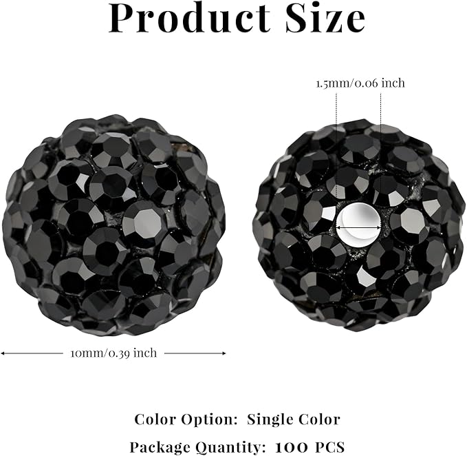 100Pcs 10mm Black Rhinestone Beads for Jewelry Making, Shiny Round Disco Ball Sparkly Beads Bulk with 10-Grid Storage Box for DIY Baseball Necklaces Shamballa Bracelets
