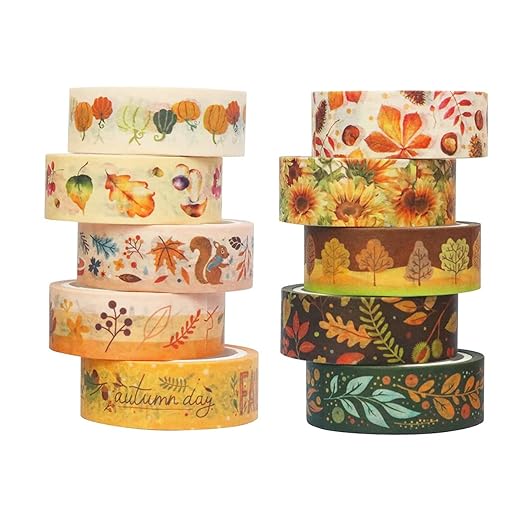 Autumn Washi Tape Set 10 Rolls - Autumn Leaves Pumpkin Sunflower Fall Decorative Tape for Bullet Journal, Planner, DIY Arts Crafts, Scrapbooking