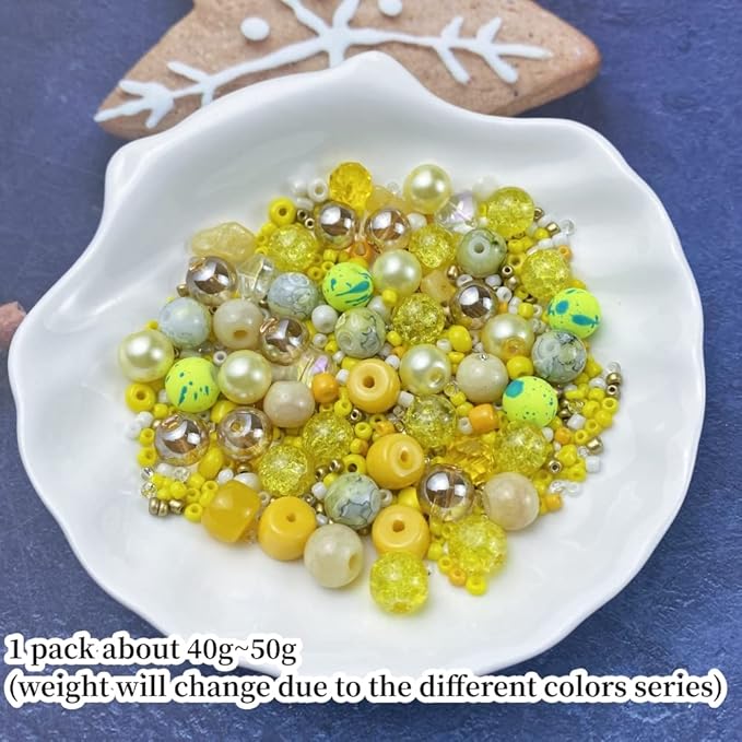 Assorted Glass Resin Beads Multi Size Colors Smooth Cracked Gravel Millet Spacer Beads for Bracelets Necklace Earring DIY Jewelry Making Craft(Yellow Series)