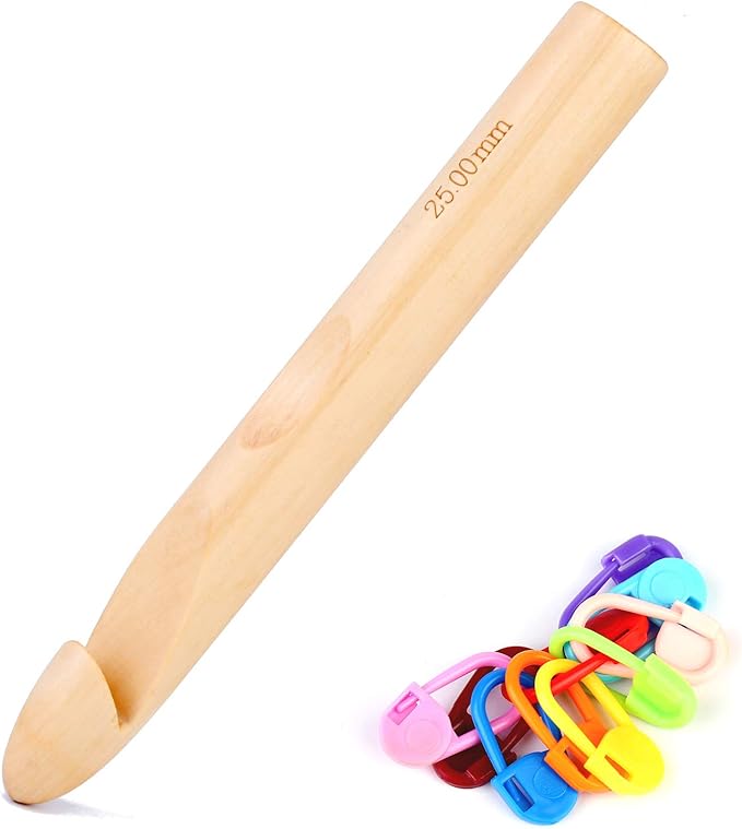 Wooden Crochet Hooks, 25mm Wooden Handle Crochet Hook Bamboo Knitting Crochet Needles with 10 pcs Knitting Stitch Markers for Handcraft Crocheting