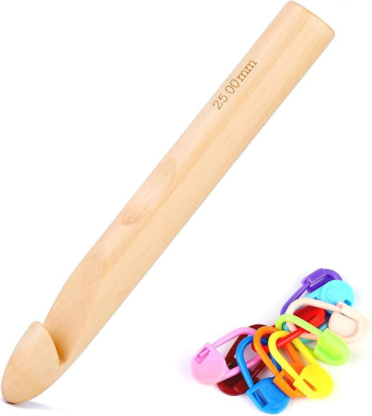 Wooden Crochet Hooks, 25mm Wooden Handle Crochet Hook Bamboo Knitting Crochet Needles with 10 pcs Knitting Stitch Markers for Handcraft Crocheting