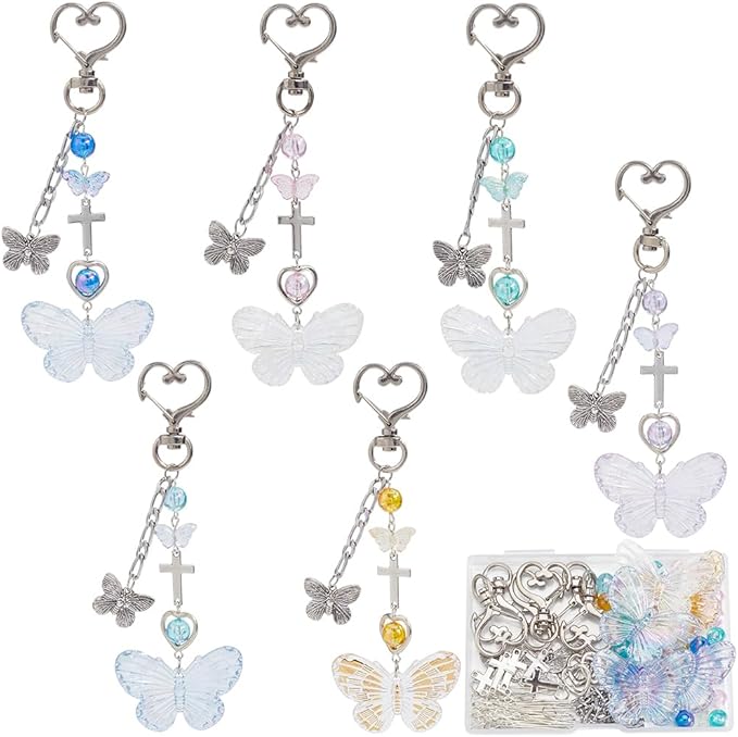 SUNNYCLUE 128Pcs Butterfly Keychain Making Kit Butterflies Beads Colorful Butterfly Bead Heart Butterfly Charms Acrylic Glass Spacer Beads for Keychains Making Women Adults DIY Crafts Supplies