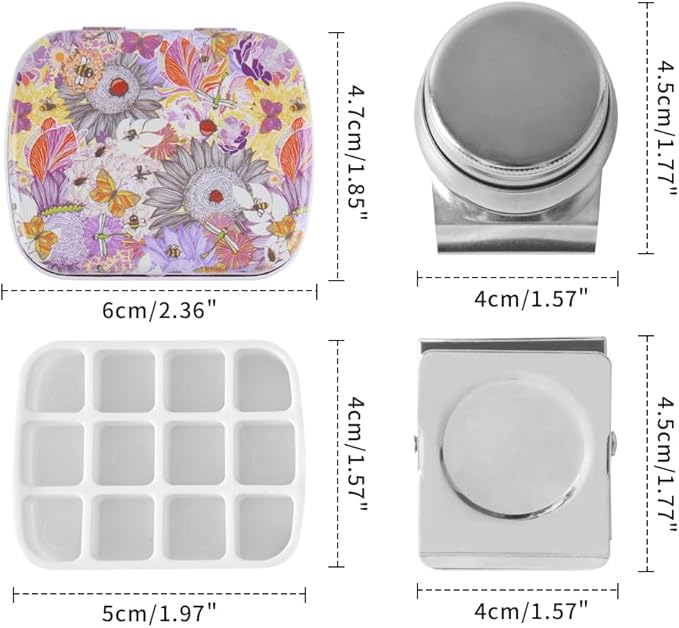 Portable Mini Tin Box 12-Well Empty Watercolor Palette Paint Mixing Tray is a Small Storage Travel Kit with Magnetic Clip and Oil Pot,Making it Perfect for Outdoor Sketching and DIY Painting.Insects