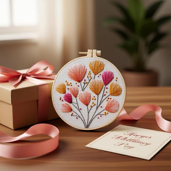 JJFox Embroidery Kit for Beginners and Adults, DIY Hand Embroidery Starter Kit with Cute Pattern, Cross Stitch Needlepoint Set with Hoop, Threads and Instructions (Flower-2)