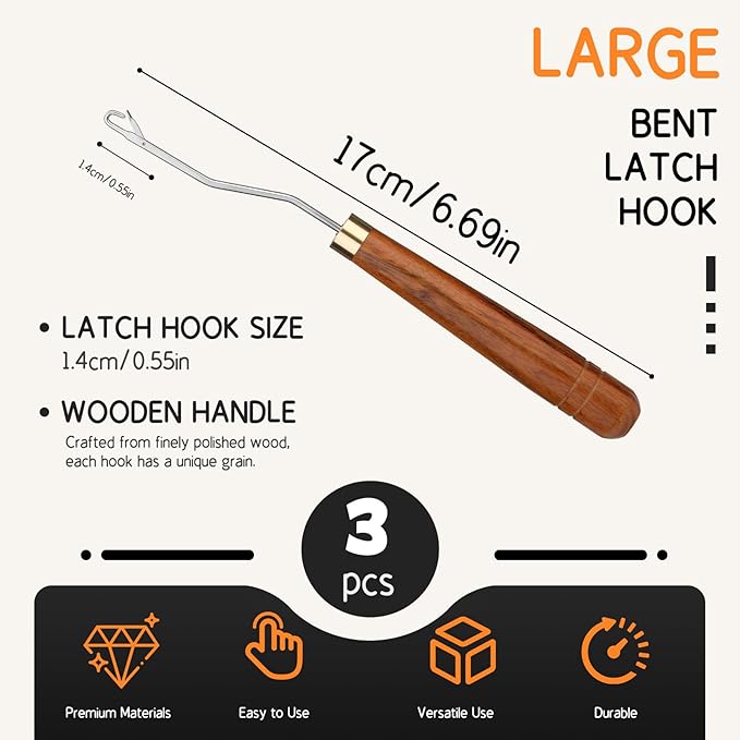 Giwrmu Latch Hook Tool, 3 Pcs Wooden Bent Latch Hooks, Crochet Hooks for Hair, Latch Hook Crochet Needle for Micro Braids, Hair Extension and Carpet Craft