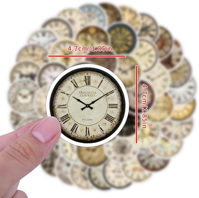 Retro Clock Stickers for Scrapbooking,50 Pcs Vintage Timepiece Decals, Waterproof Vinyl Stickers for Journals, Laptops, Home Decor, Ideal for Vintage Lovers Adults (Clock)