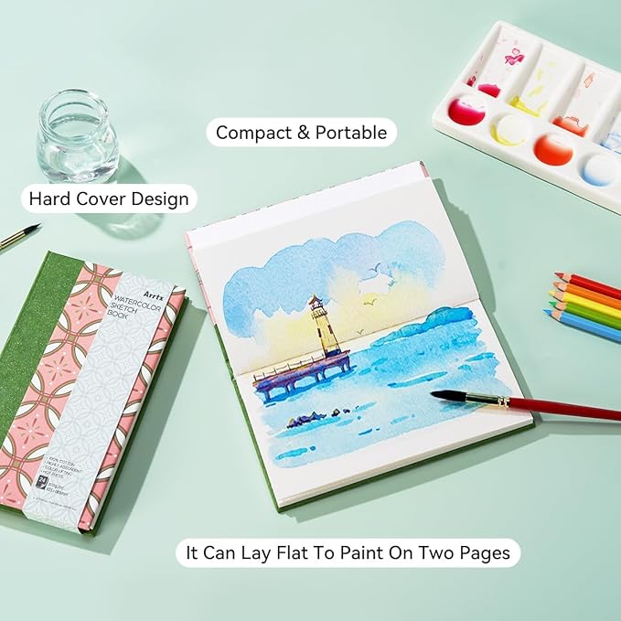 2 Pack Arrtx Watercolor Journal, 7.28x4.13'', 140 LB, 300 GSM, 100% Cotton Paper, Hot Press, 48 Sheets, Hardcover Watercolor Sketchbook for Use As Travel Notebook for Artists Adults Students